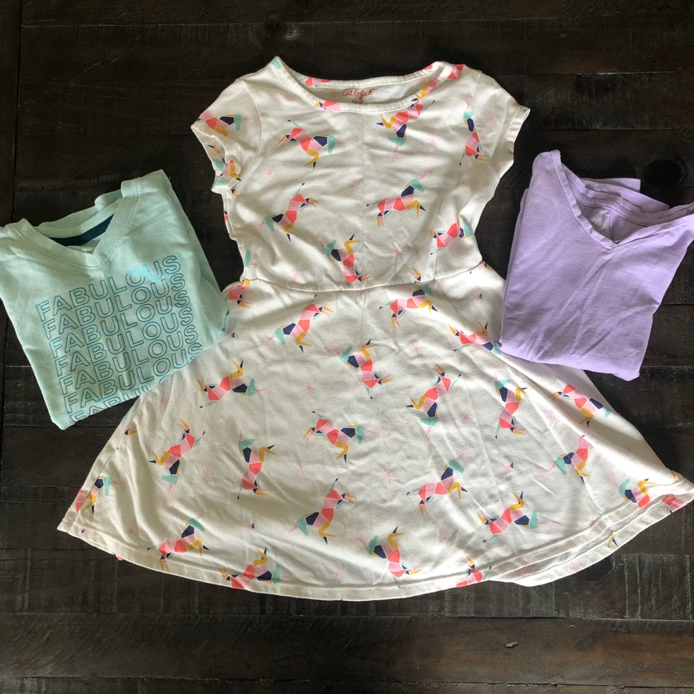 Bundle of Girls Size S (6/6x) Unicorn Dress and 2 T-Shirts